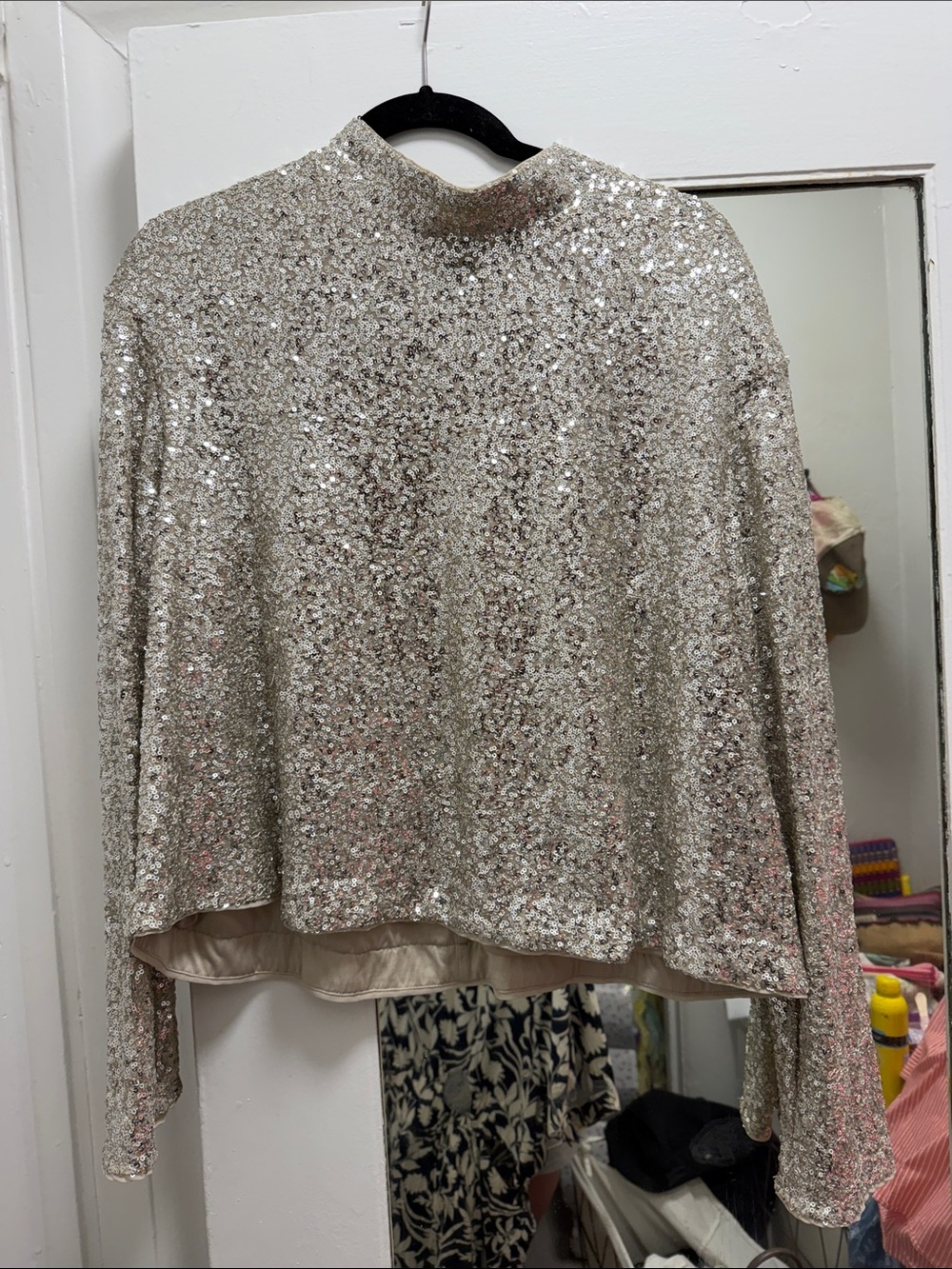 H&M Silver Sequin Mock-Neck Long-Sleeve Top